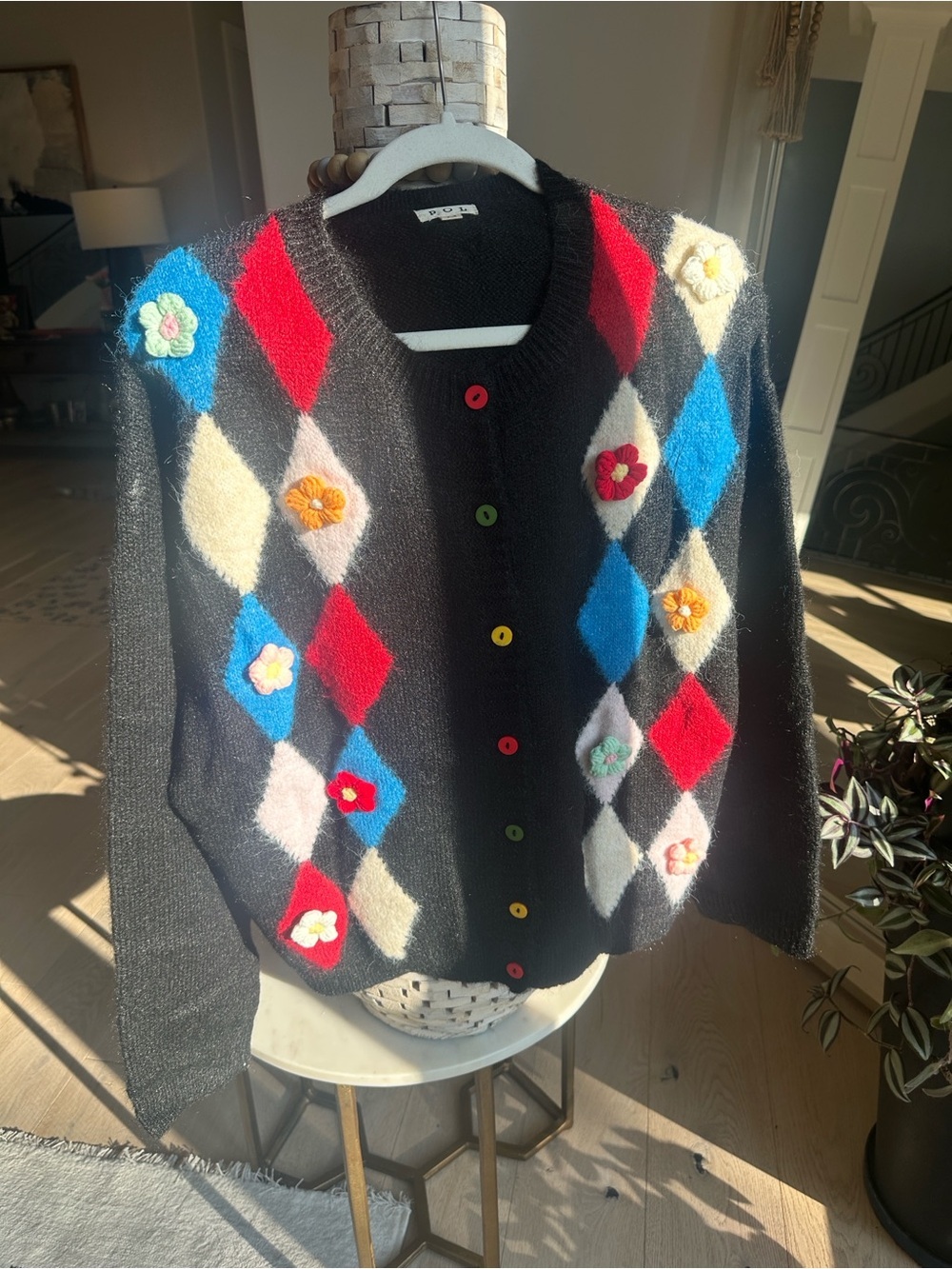 POL Black Argyle Floral Patch Button-Front Cardigan